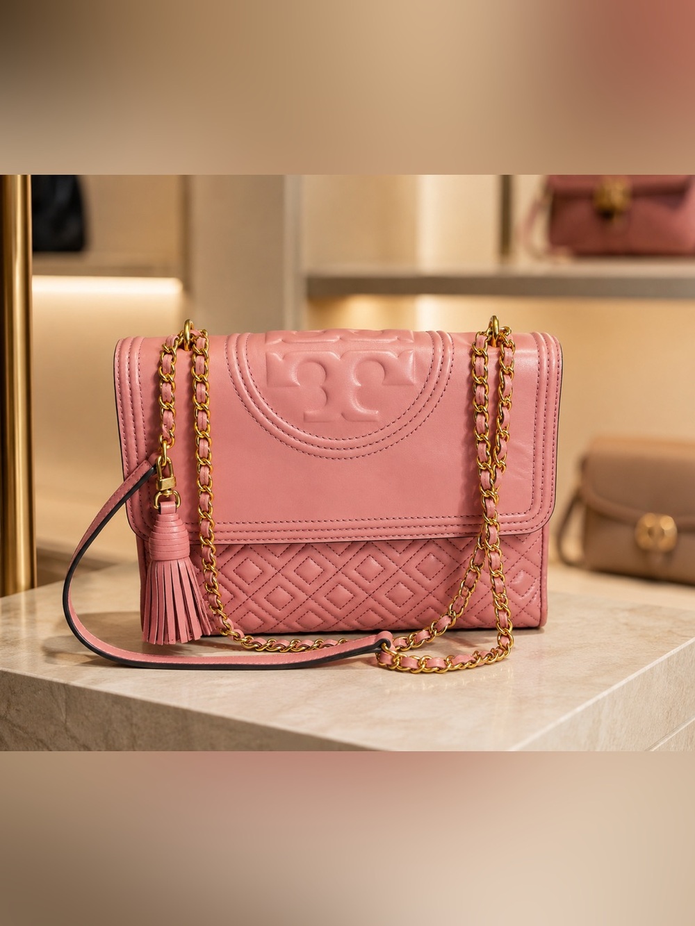 Tory Burch Pink Quilted Leather Fleming Chain Shoulder Bag